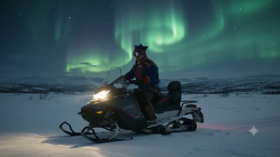 Same på snøscooter under nordlyset