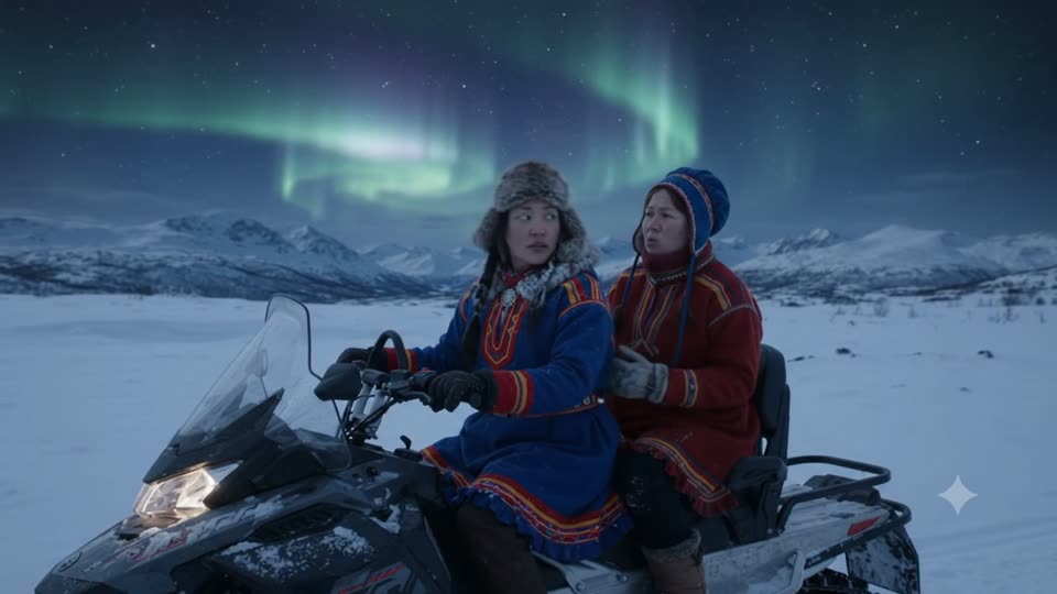 To på snøscooter under nordlyset
